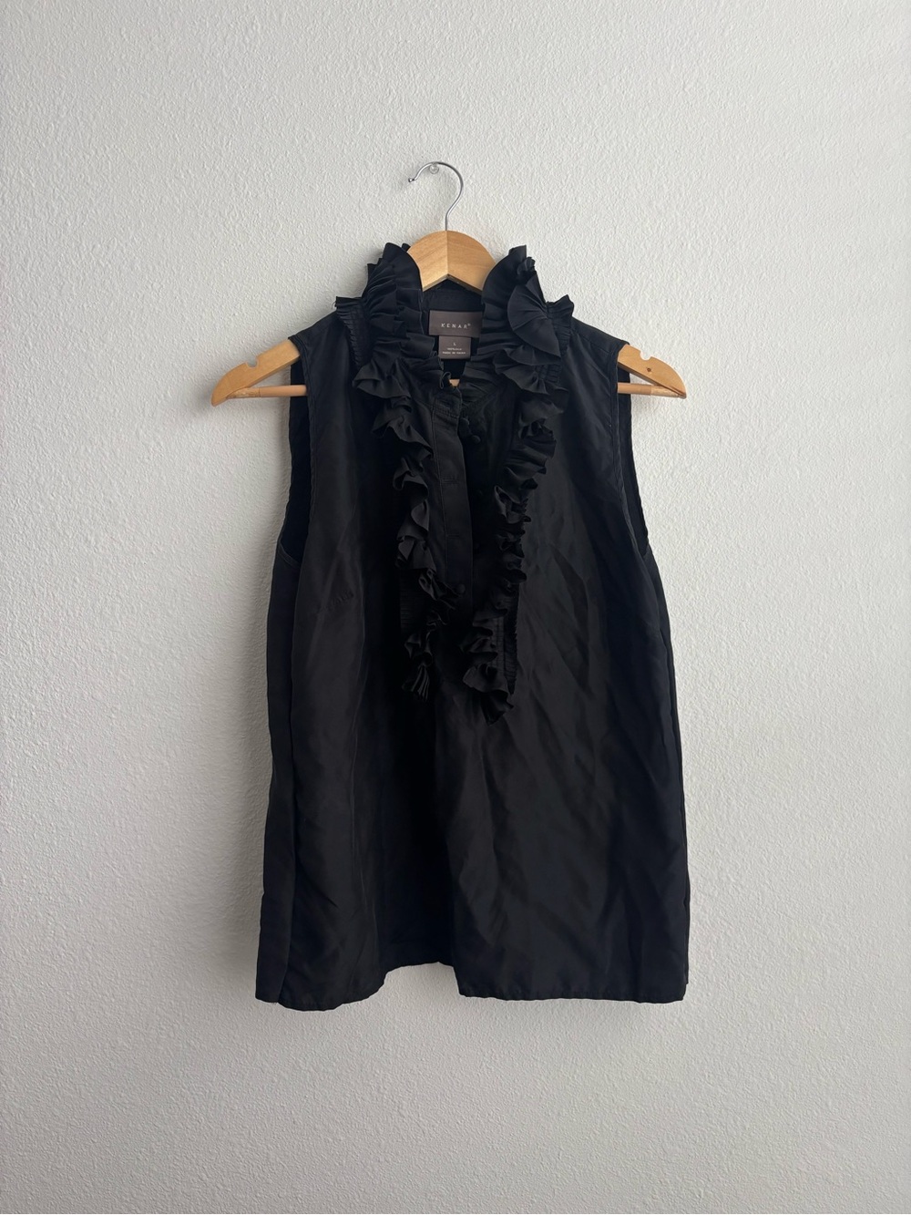 Kenar 100% Silk Black Ruffled Collar Sleeveless Tank